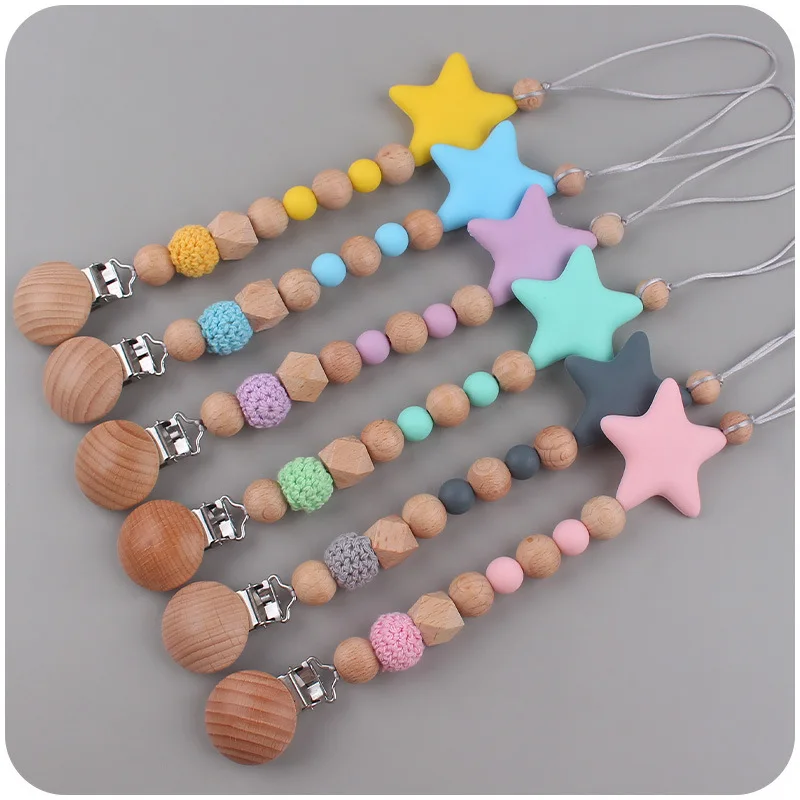 

ABCPICK Baby Wooden Dummy Pacifier Clip Chain Silicone Five Pointed Star Nipple Pacifier Name Holder Baby Newborn Shower Gifts