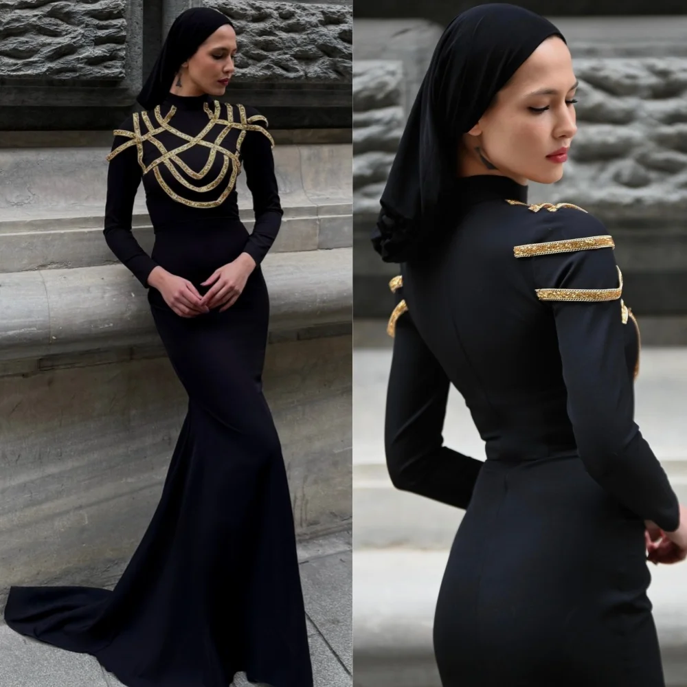 

Customized Casual Simple Jersey Sequined Pattern Trumpet High Collar Long Dresses Bespoke Occasion Fashion