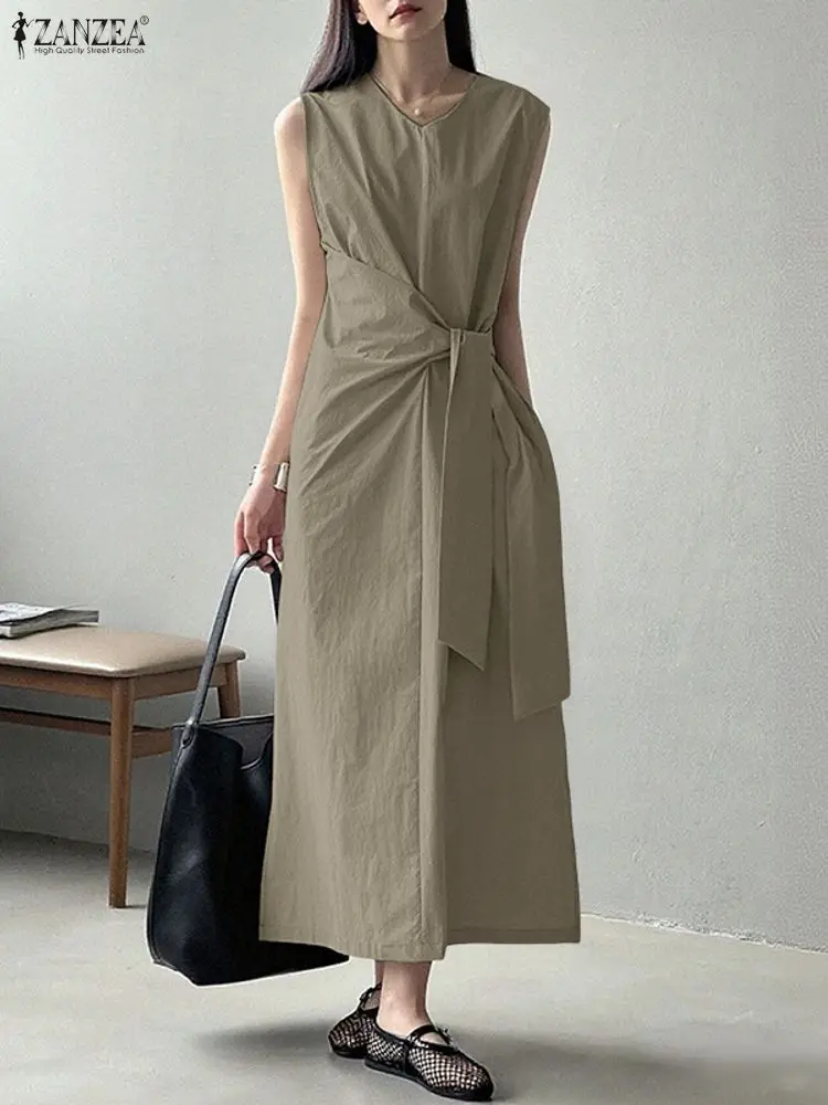 ZANZEA Elegante Vestito Estivo Lungo Delle Donne Senza Maniche Pieghettato Fasciatura Maxi Abiti 2025 Moda Estate Vintage Solido Casual Party Robe