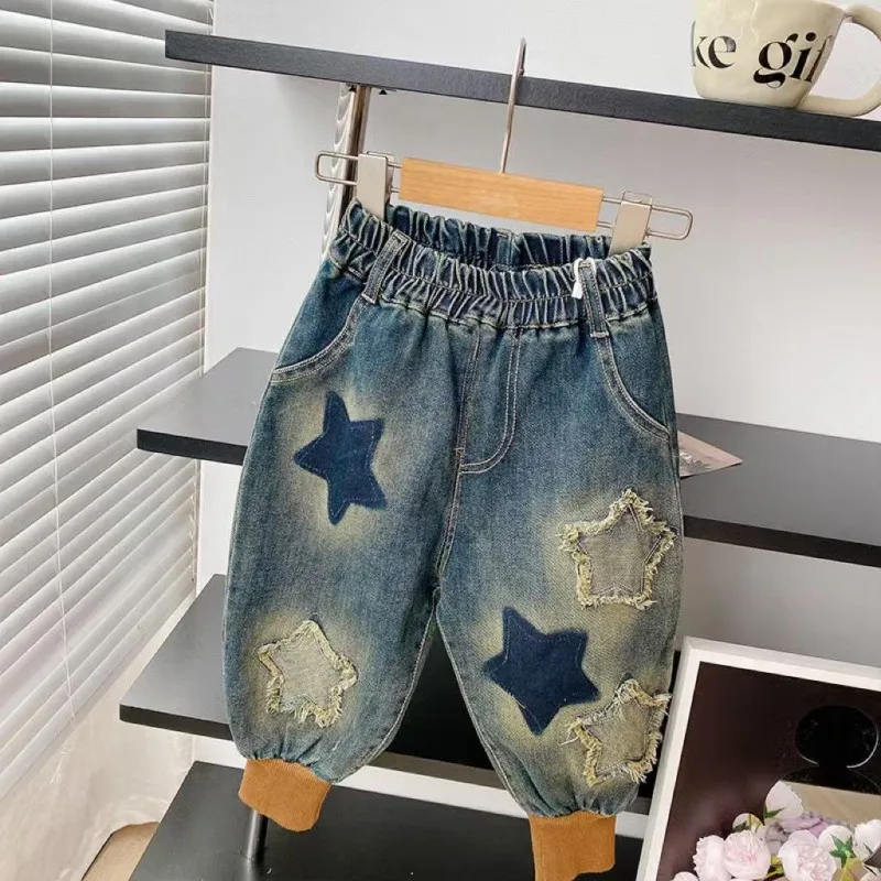 Children's Jeans Autumn Winter One-piece Velvet Boys and Girls Retro Loose Pants, Fashionable Casual Pants For Baby 1-6Y