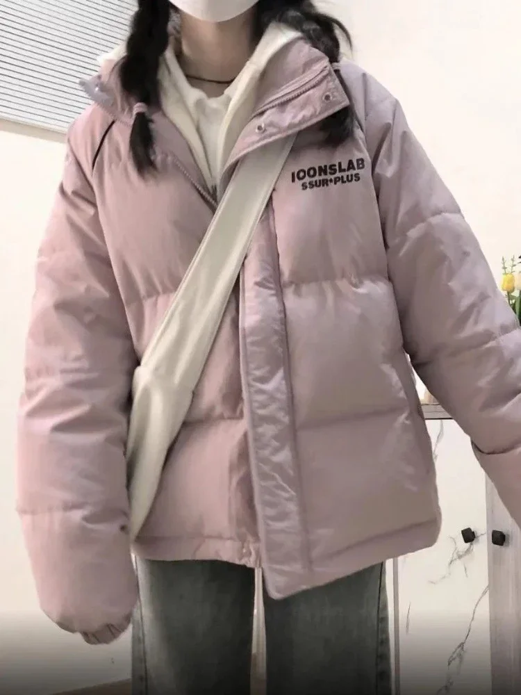 Parka donna trendy contrasto colore lettera stampa colletto alla coreana antivento inverno caldo addensare vitalità giovanile capispalla con cerniera allentata