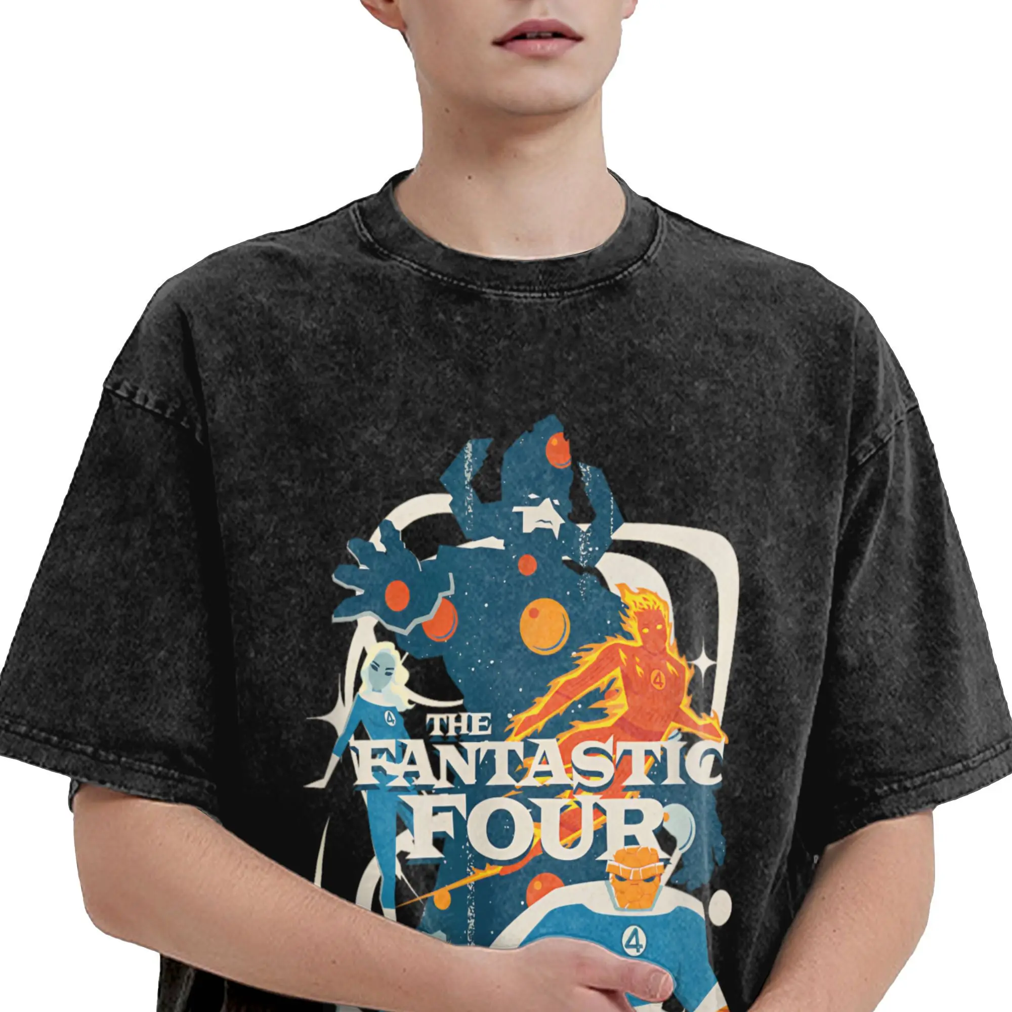 تي شيرت Cool The Fantastic Four First Steps Circle Logo للرجال من القطن المغسول تي شيرت أمريكي كوميدي بأكمام قصيرة تي شيرت