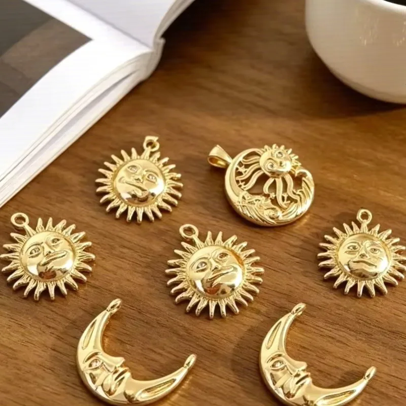 14K Gold Plated Dainty Sun Moon Face CZ Charms Star Moon Pendant DIY Bracelet Necklace Earring Jewelry Making Findings