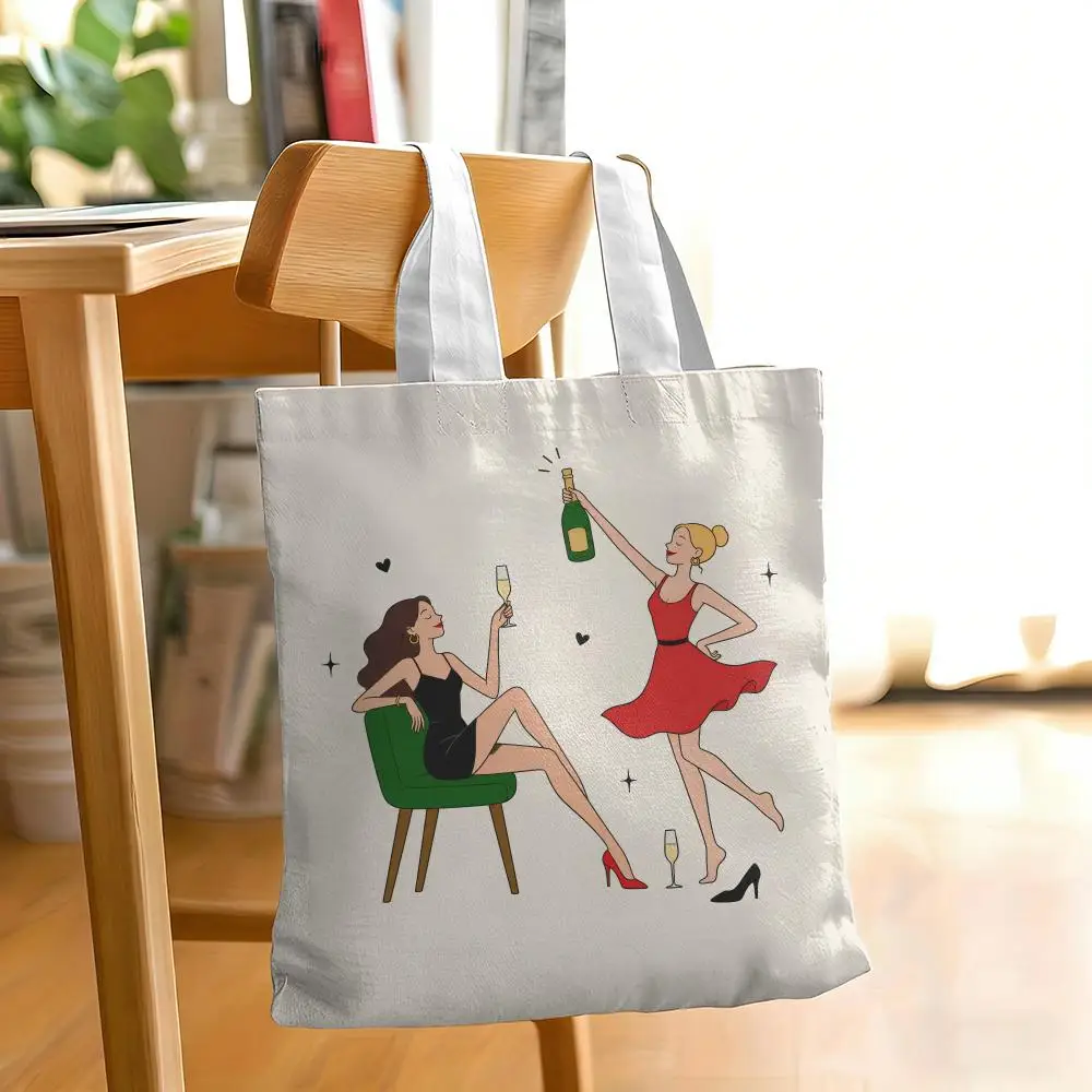 Canvas Tote Bag Funny Drink Champagne with Friends Graphics Shoulder Bag for Shopping Outdoor Travel Gift for Female Friends