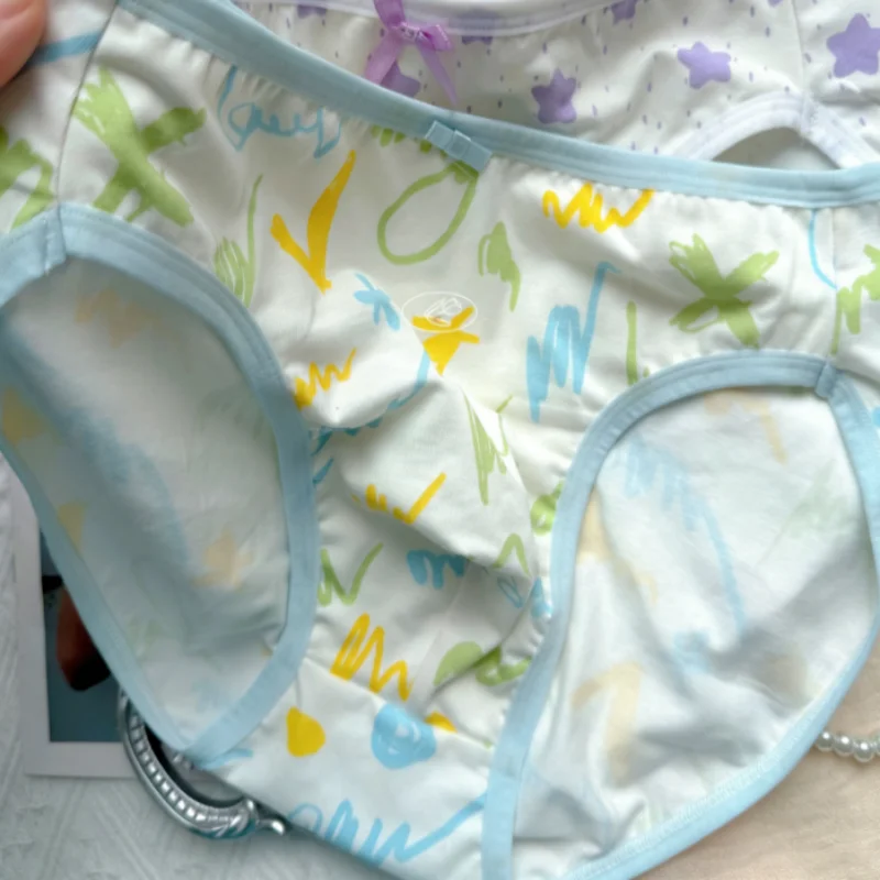 Men's Pure Cotton Printed Underwear Mid Waist Seamless Convex Pouch Fashion Bow Sweet Panties Sissy Comfort Breathable BF Gift
