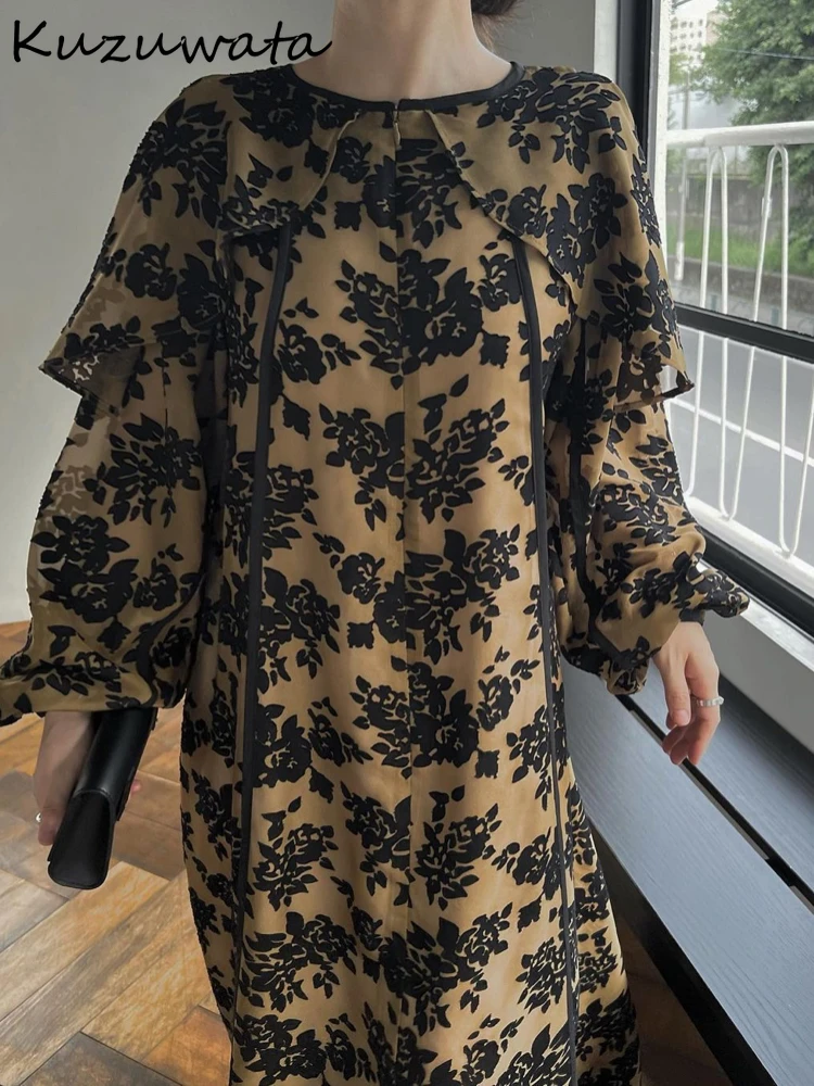 Kuzuwata O Neck Long Sleeve Elegant Dresses A-line Pullover Print Mid-length Casual Vestidos Japan Moda Stretch Waist Femme Robe