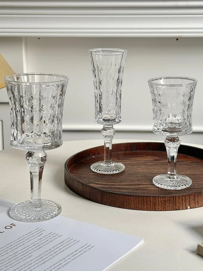 Retro Ins Embossed Diamond Glass High Foot Red Wine Cup European Style Champagne Whiskey Glass Premium Feeling Home Use