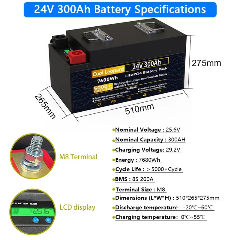 Batterie de rechange pour bateaux à moteur, haute capacité, 24V, 300Ah, 200Ah veFePo4, BMS intégré, moteur 8,5, neuf