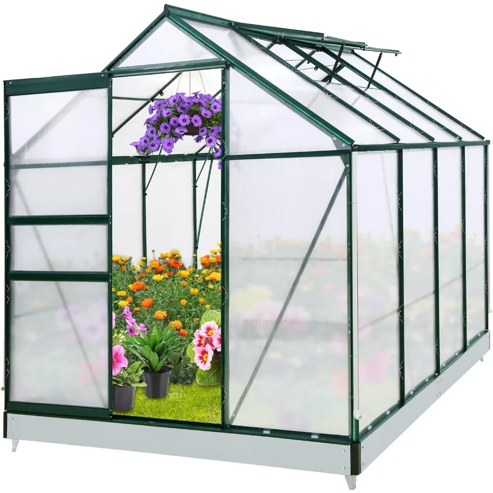 

6x8x7 Outdoor Walk-in Hobby Greenhouse with Adjustable Roof Vent and Rain Gutter, Base and Anchor, Polycarbonate Aluminum