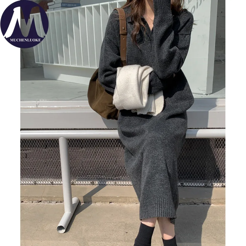 Vestidos femininos elegantes outono inverno estilo preguiçoso gola polo camisola de malha vestido coreano moda casual solto vestidos quentes