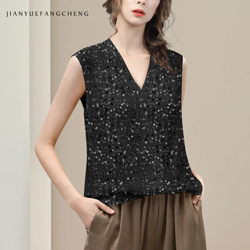 

Luxury Sequined Women' Summer Chiffon Top Sleeveless V-Neck Tanks Loose-fitting Casual Lightweight Blouses