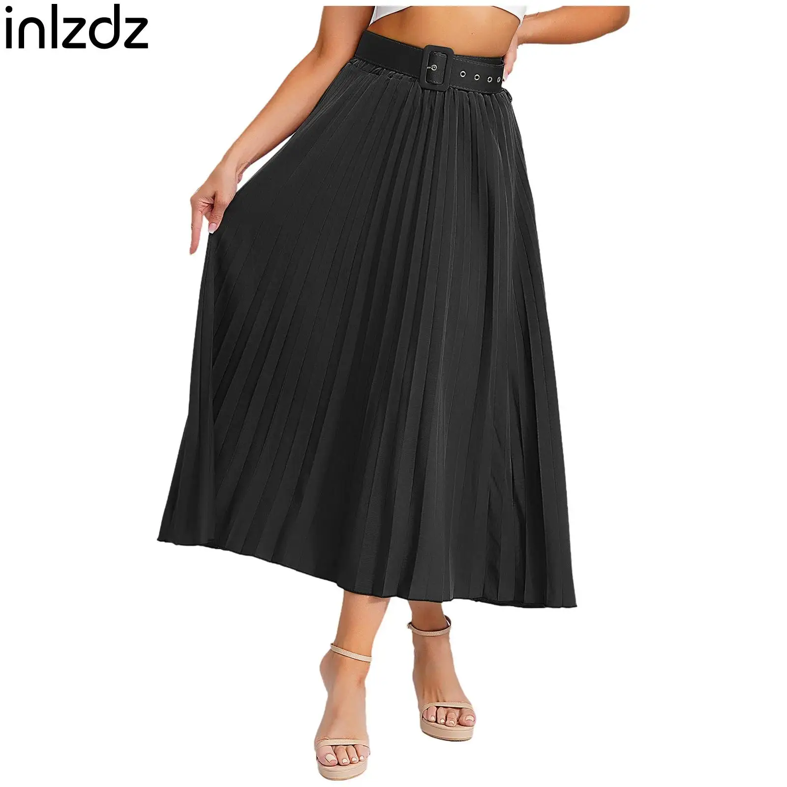 Elegant Womens Solid Color Pleated Skirt with Belt Elastic High Waist Maxi Skirt Swing A-Line Skirt Fashion Casual Formal Skirts