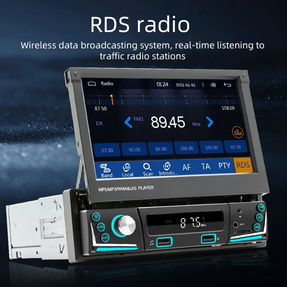 Radio para coche, reproductor de Radio con pantalla HD retráctil eléctrica de 7 pulgadas para coche, reproductor Multimedia MP5 de 1Din, Carplay inalámbrico, Android Auto