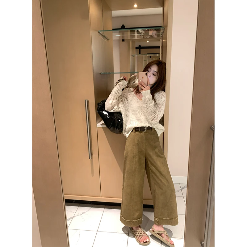 

Sun Protection Knitted Sweater Women's Sweet Style Long Sleeve V-Neck Hollow out Design Milk White Capel Bridge Top