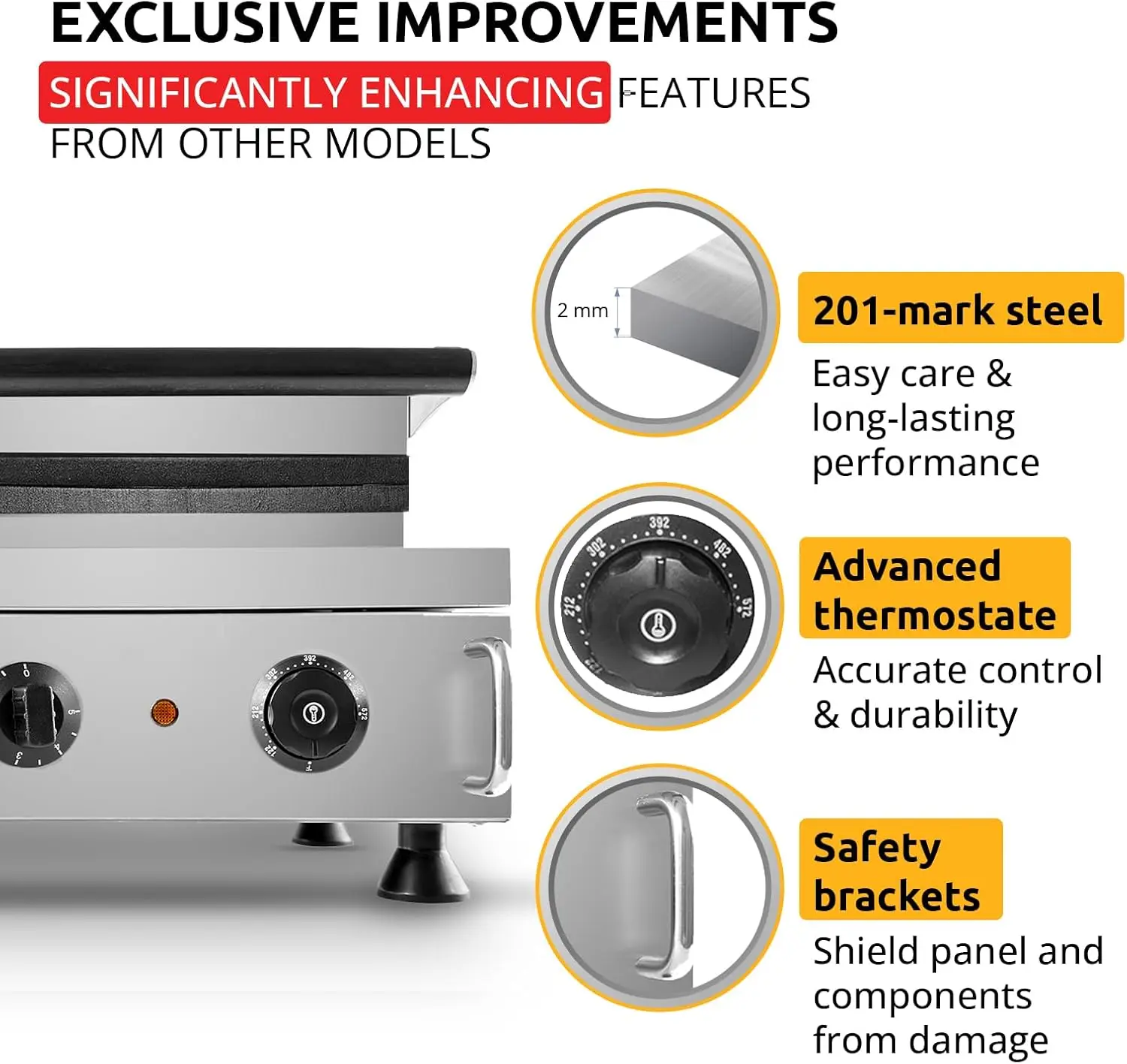 صانع الوافل البلجيكي سميك |   نوع الصحافة |   الاستخدام المهني |   الفولاذ المقاوم للصدأ |   غير لاصق |   110 فولت (6 وافل على عصا)