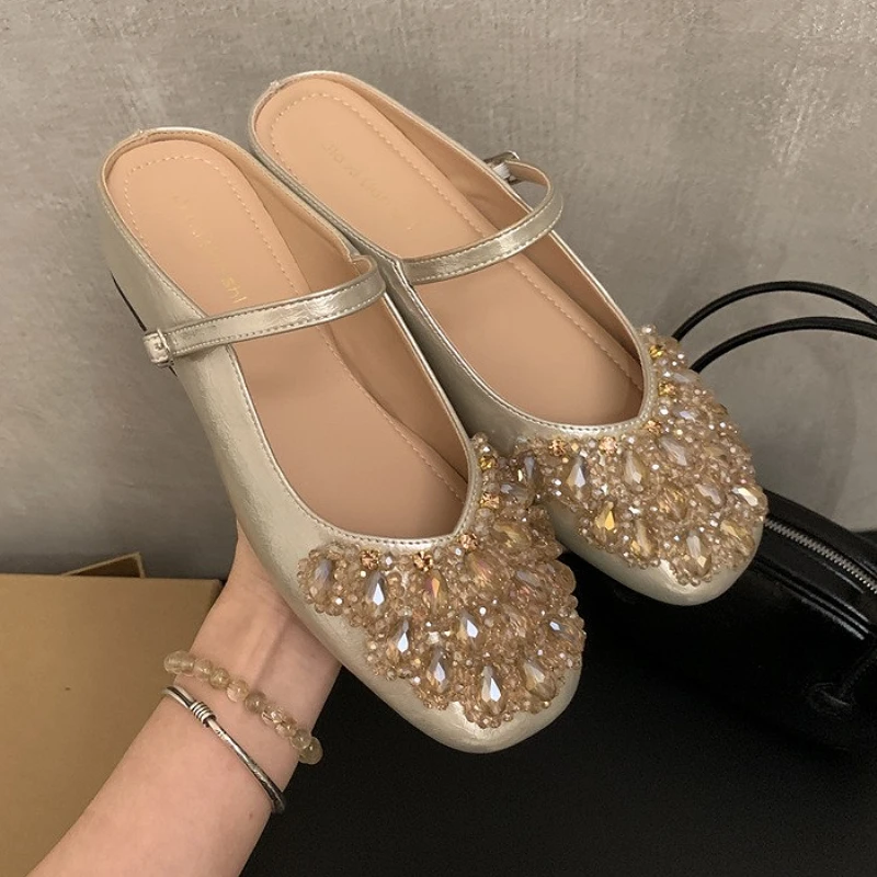 

Rhinestone Flats Mules Shoes Women Summer New Sweet Slides Mary Jane Shoes Dress Female Comfort Fashion Luxury Slippers Ladies