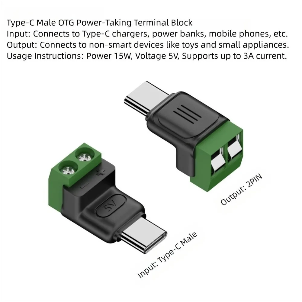 Lötfreier Stecker, USB C auf 2-polige Klemmenadapterschraube, 5 V Crimp-Klemmenblock, grün, Typ C auf 2-poliger Ladeanschluss