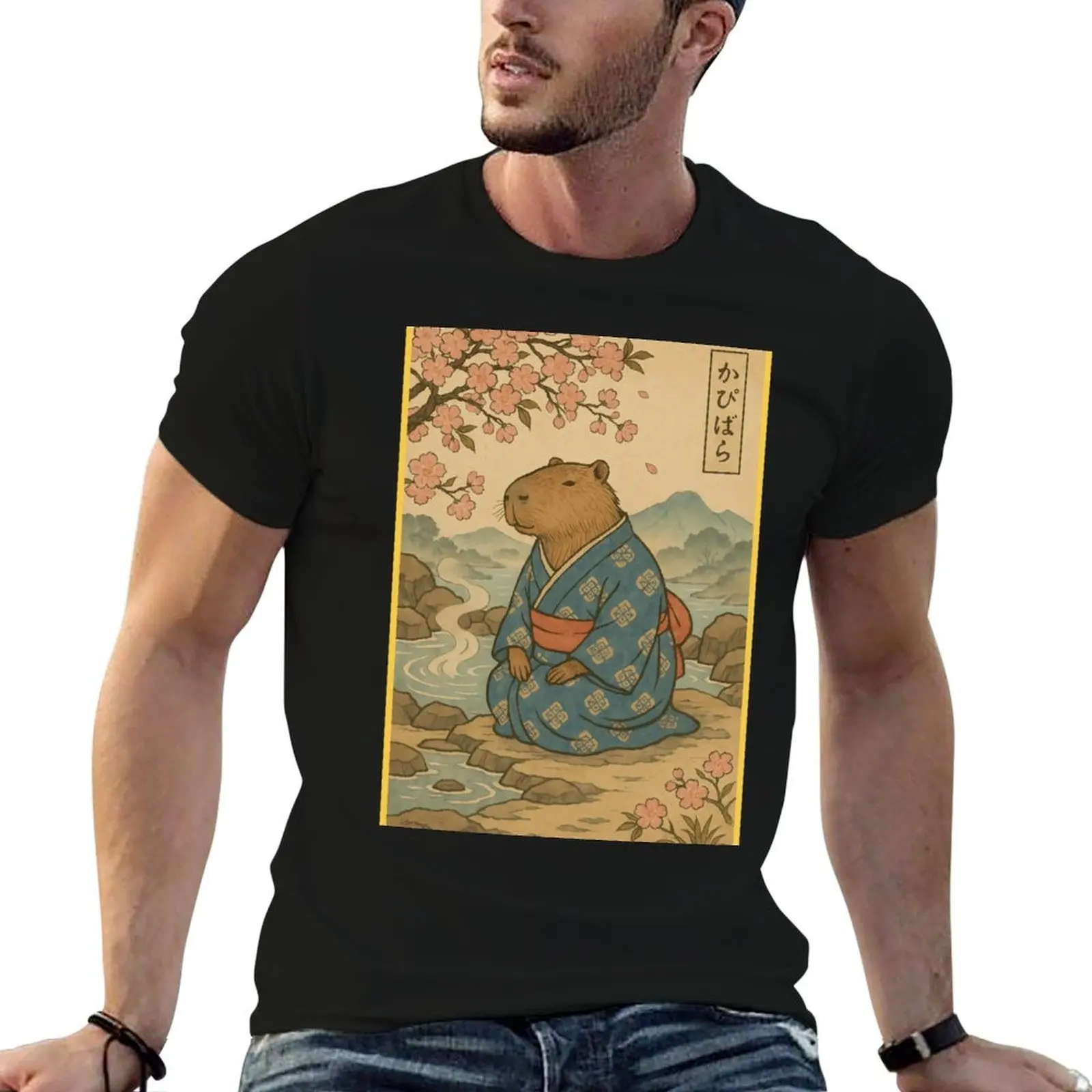 Capybara en kimono – T-shirt d'art Ukiyo-e à thème sources chaudes, léger et basique, à manches courtes