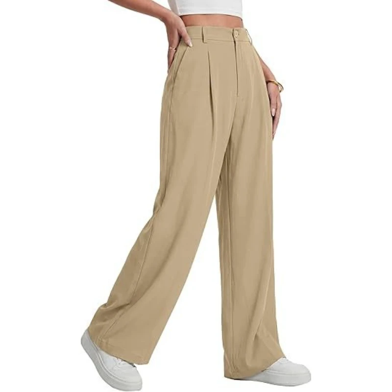 Women High Waist Wide Leg Dress Pants Pleated Front Button Zipper Loose Trousers Solid Casual Office Palazzo Pants Daily Work