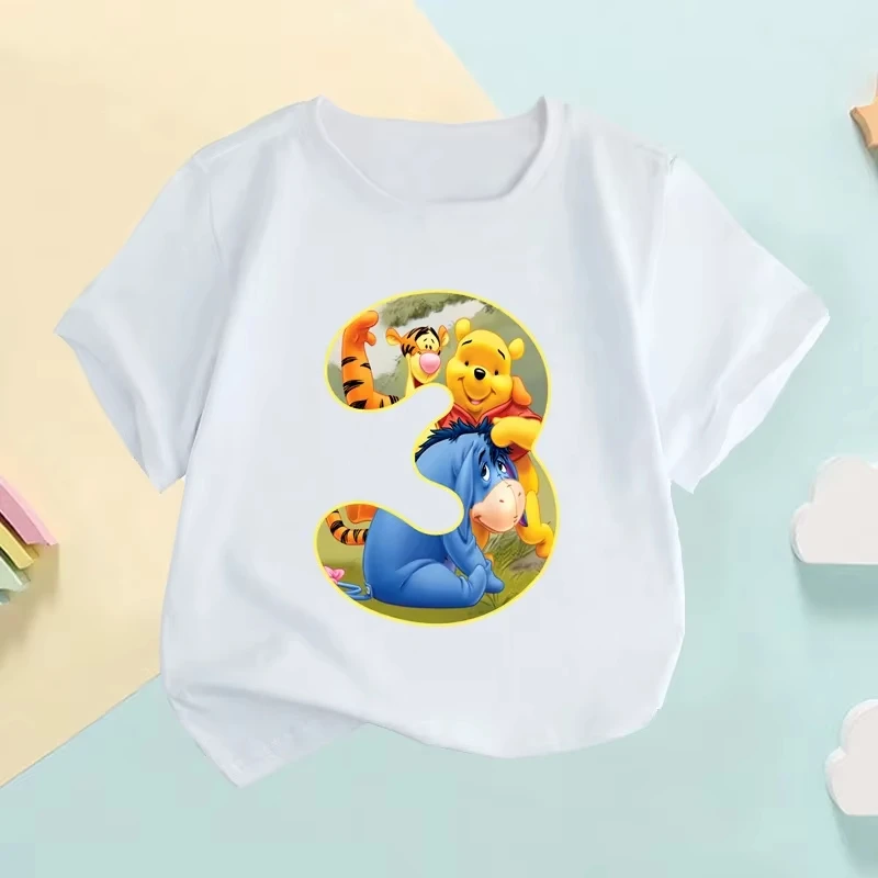 2026 コットン子供用ラウンドネック Tシャツかわいいくまのプーさん誕生日番号漫画プリント半袖