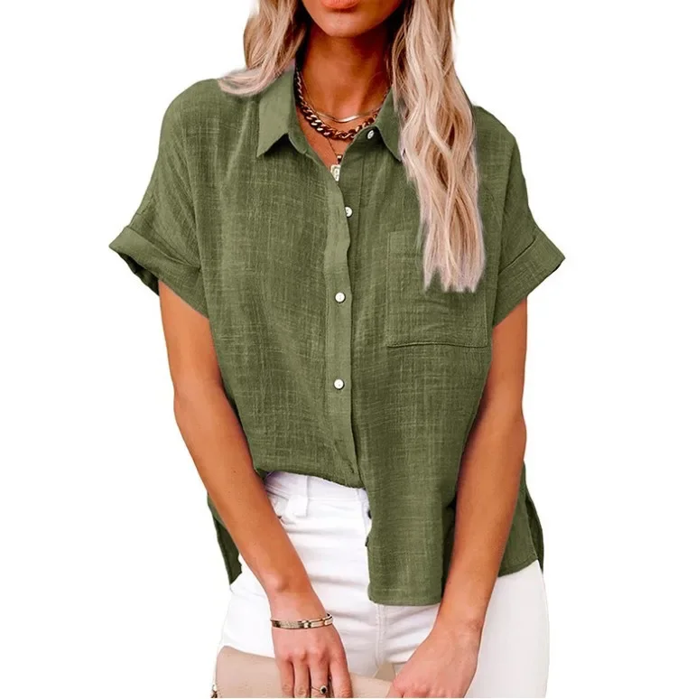 High-quality new women\'s new European and American women\'s solid color linen shirt short-sleeved casual loose shirt female