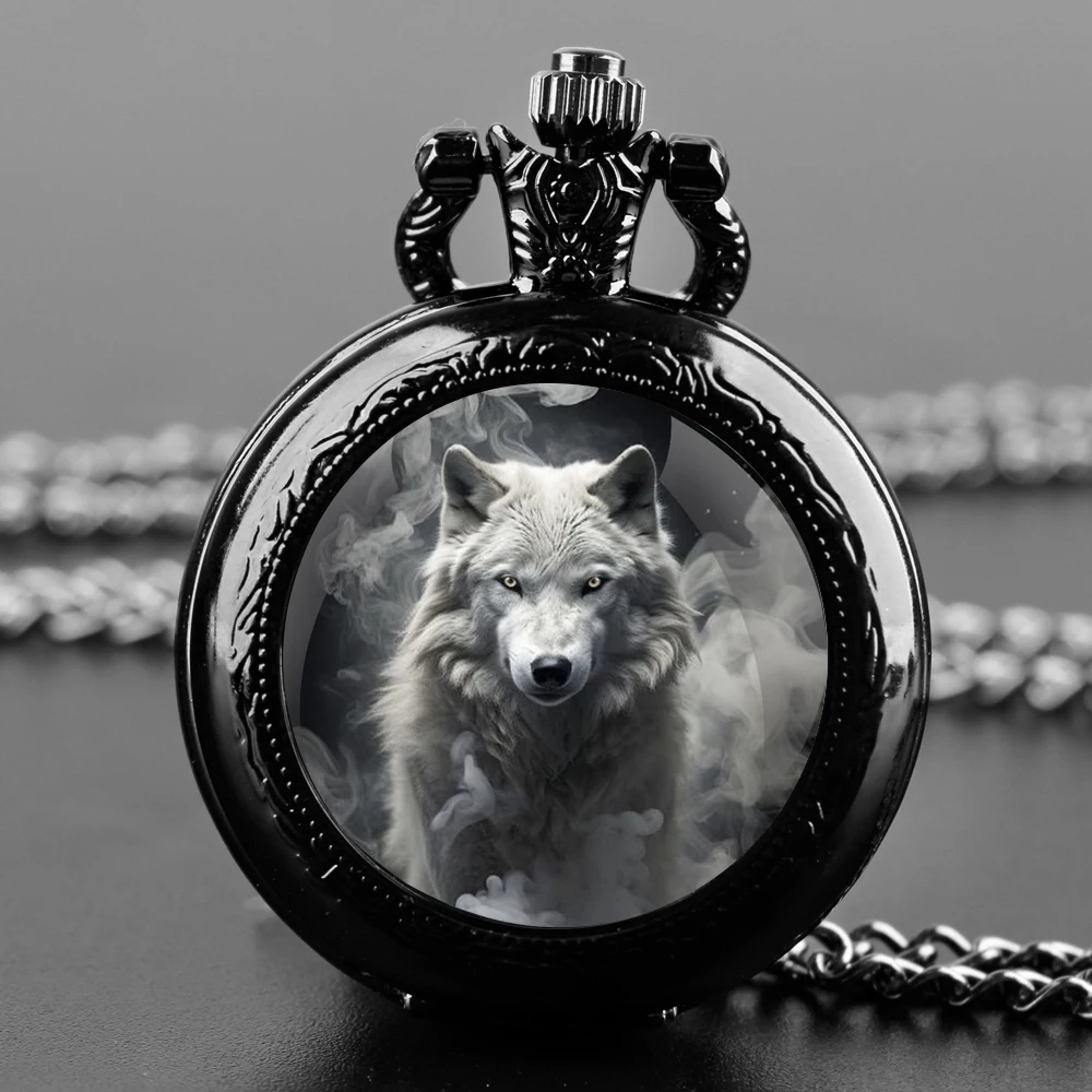 Delicate Gifts Quartz Pocket Watch Wolf Design Glass Dome Necklace Pendant Clock for Mens Womens