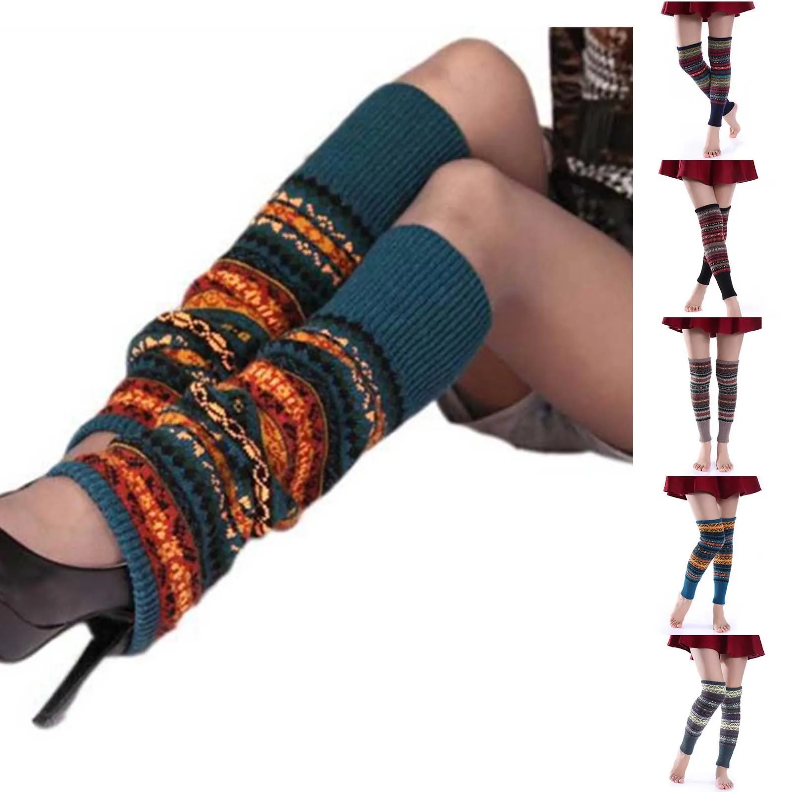 Women Leg Warmers Warm Knee High Socks Knitted Foot Cover Ethnic Vintage Crochet Winter Leg Warmer Socks Boot Cuff Long Socks