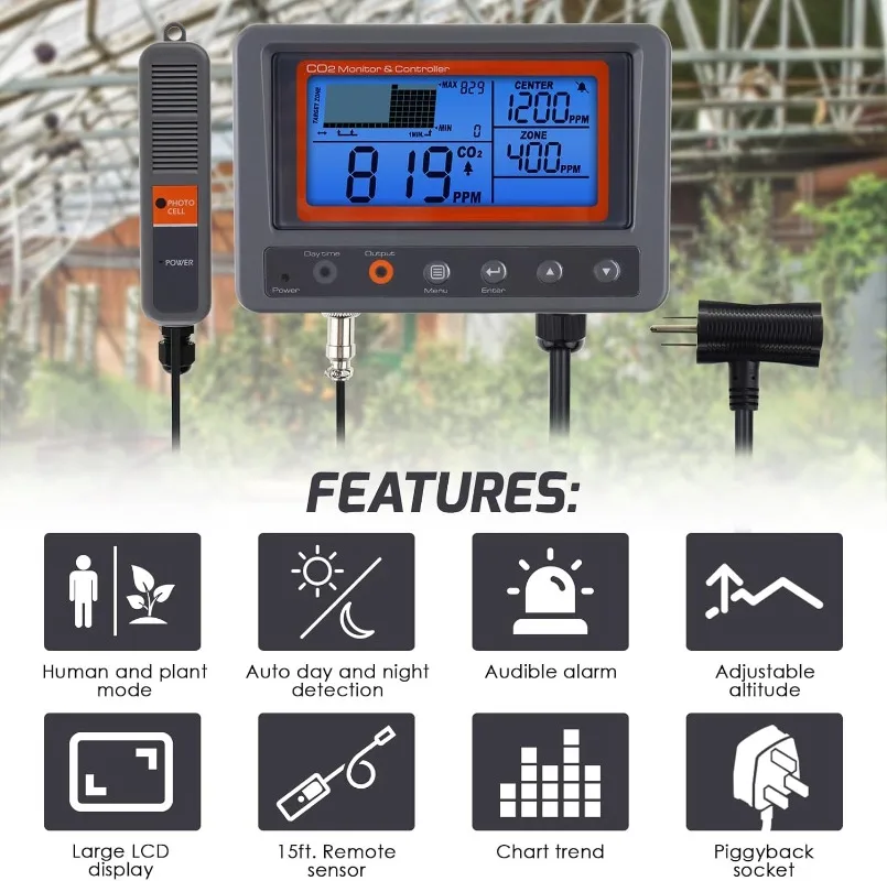 CO2 Controller Carbon Dioxide Controller CO2 Meter Monitor Day and Night Relay Function, NDIR CO2 Sensor for Green House,Factory