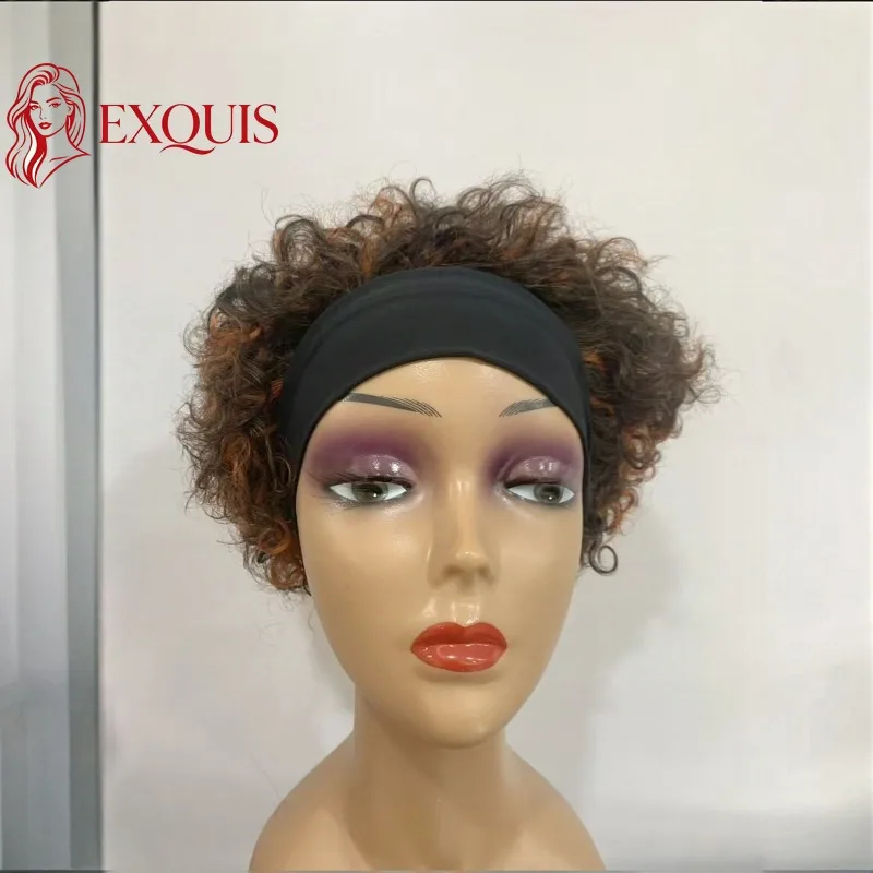 

6 Inch Short Curly Human Hair Headband Wig #4 #4/350 #99J Natural Color Full Machine Wig Made Glueless Wig for Black Women Use