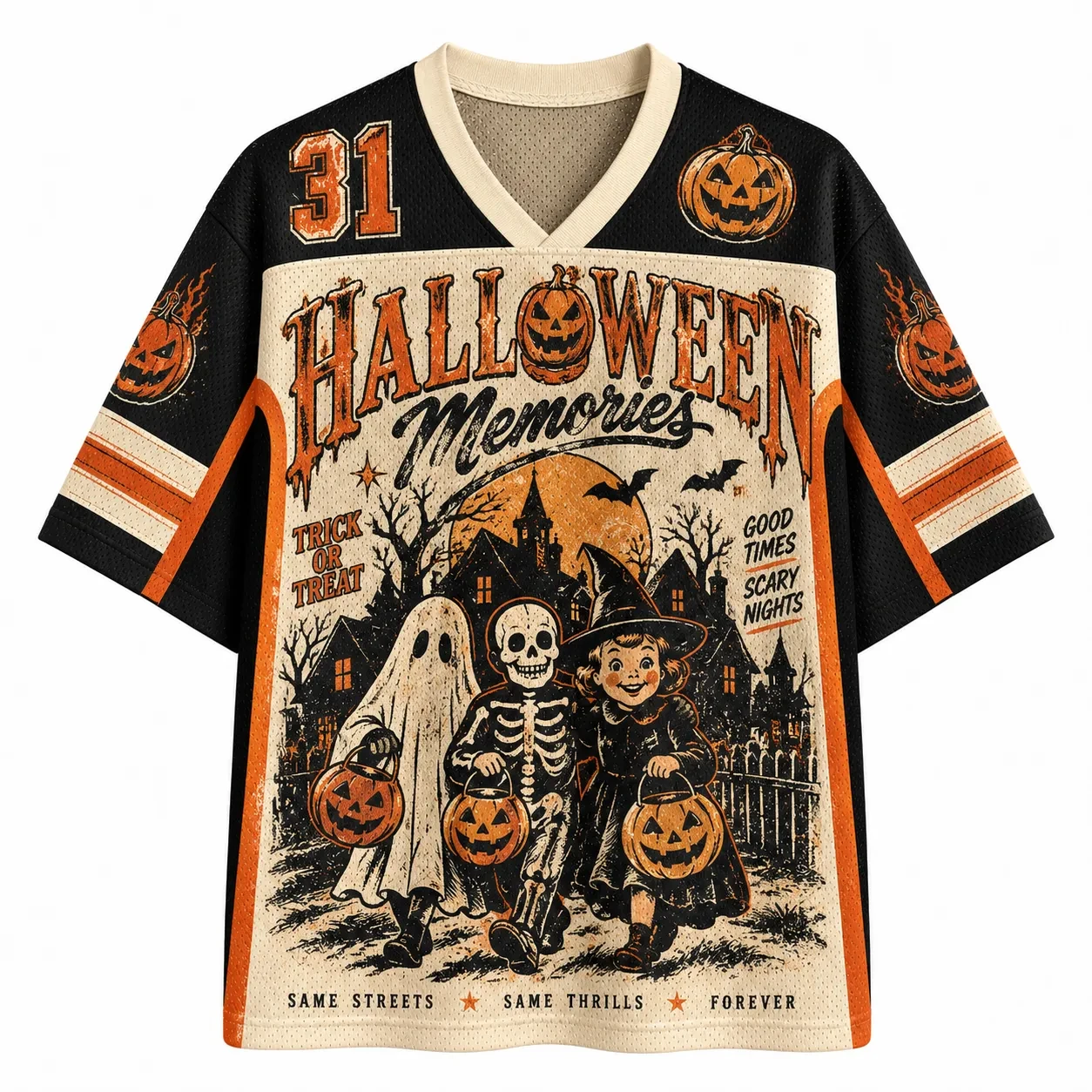Vintage Grunge Halloween Jersey, Jack-o'-lantern Skeleton Ghost Witch Kids 3D Print V-Neck Unisex Streetwear for Trick or Treat