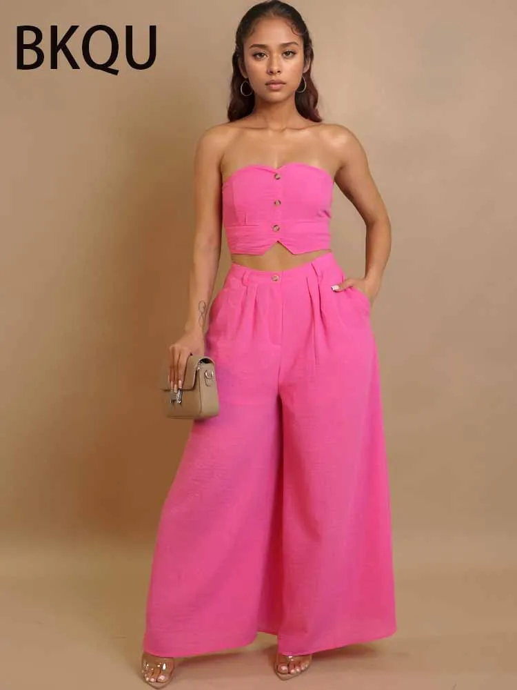 

BKQU Модные комплекты жилетов и брюк Женские однобортные эластичные укороченные топы без бретелек и широкие брюки Повседневный уличный комплект из 2 предметов