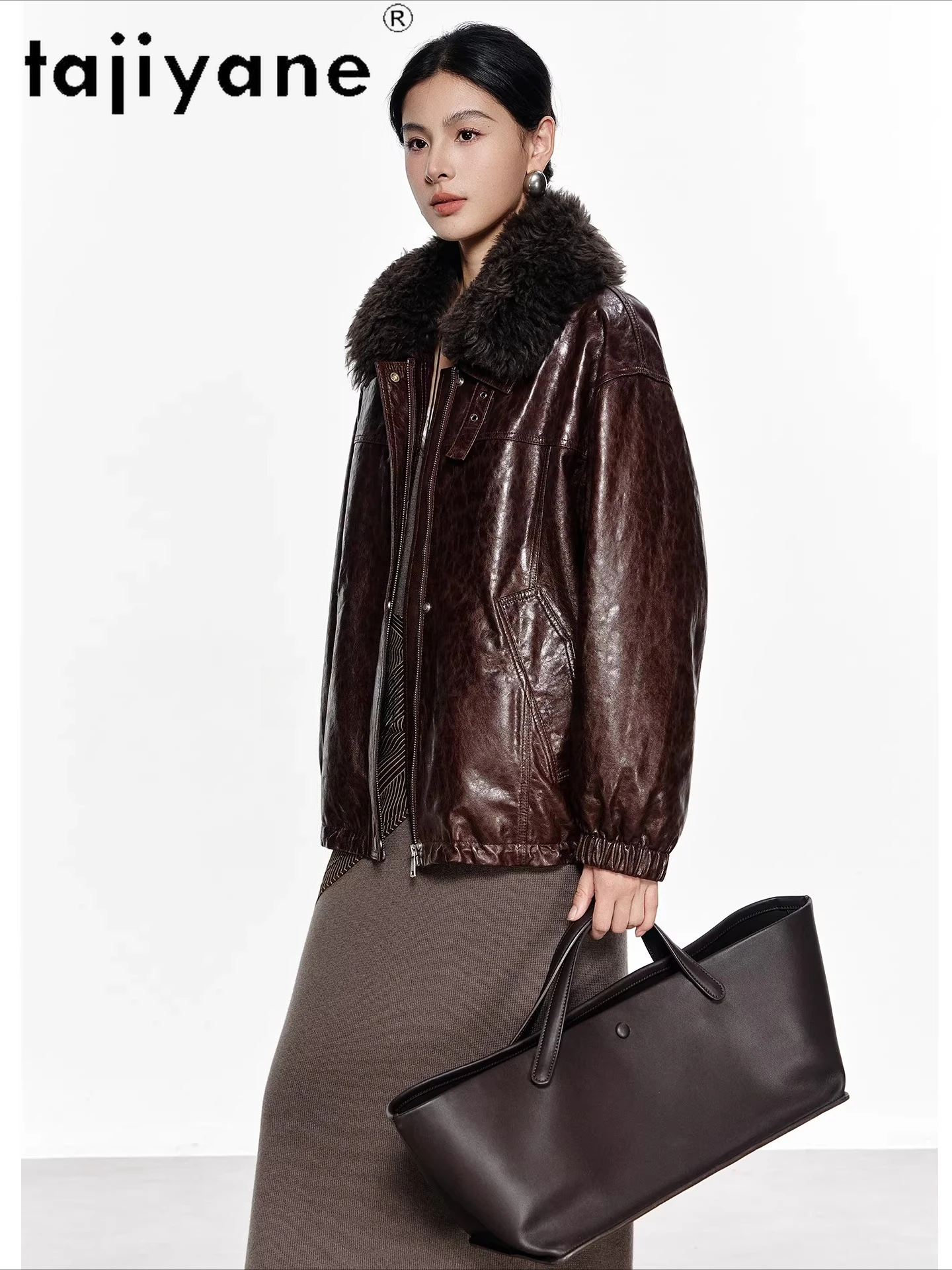 TAJIYANE جلد الغنم أوزة أسفل معطف امرأة الصوف طوق سترات منتفخة قصيرة سترة جلدية حقيقية الشتاء ملابس حريمي 2025 schuba