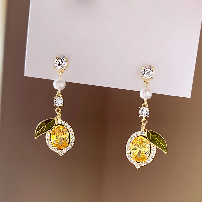 Exquisite Yellow Zircon Lemon Earrings For Women Fashion Personalized Daily Accessory Party Jewelry Birthday Anniversary Gifts