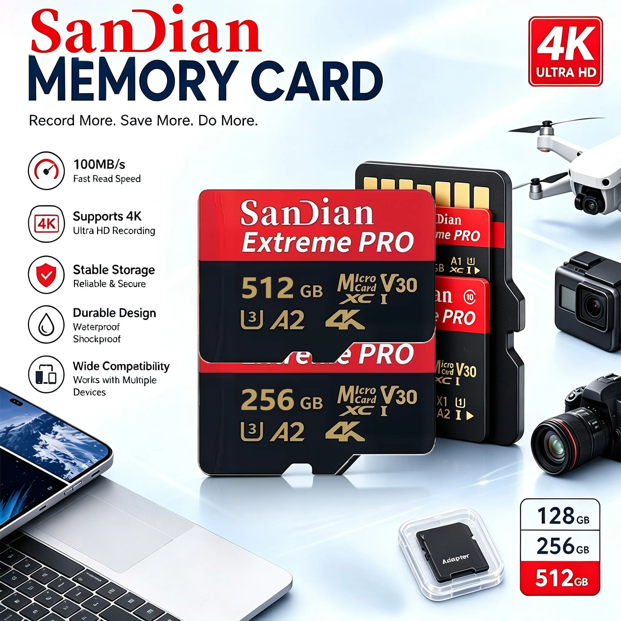New TF Cards 32GB 128GB 512GB Memory Card Micro TF SD Card SD Cards A1 for Body Camera/Tablet/E-Reader/Recorder/Drone Camera