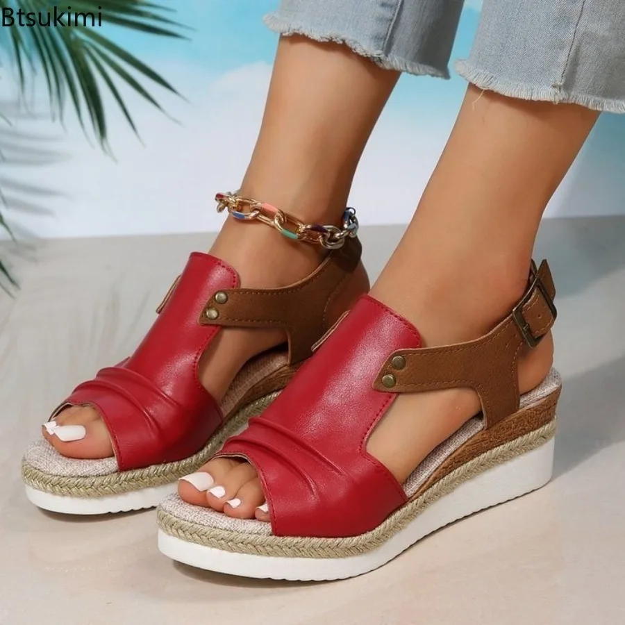 Sandalias romanas de suela gruesa para mujer, zapatos informales con hebilla de una palabra, cuña de retales, novedad de verano, 2024