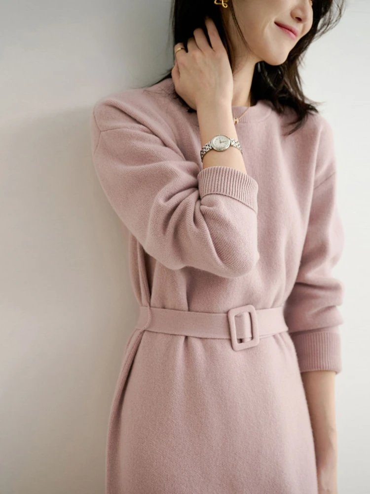 Autumn Winter Knit Womens Sweater Dresses O-neck Wrap Streetwear Korean Fashion Loose Long Sleeves Tops Elegant Female Clothing