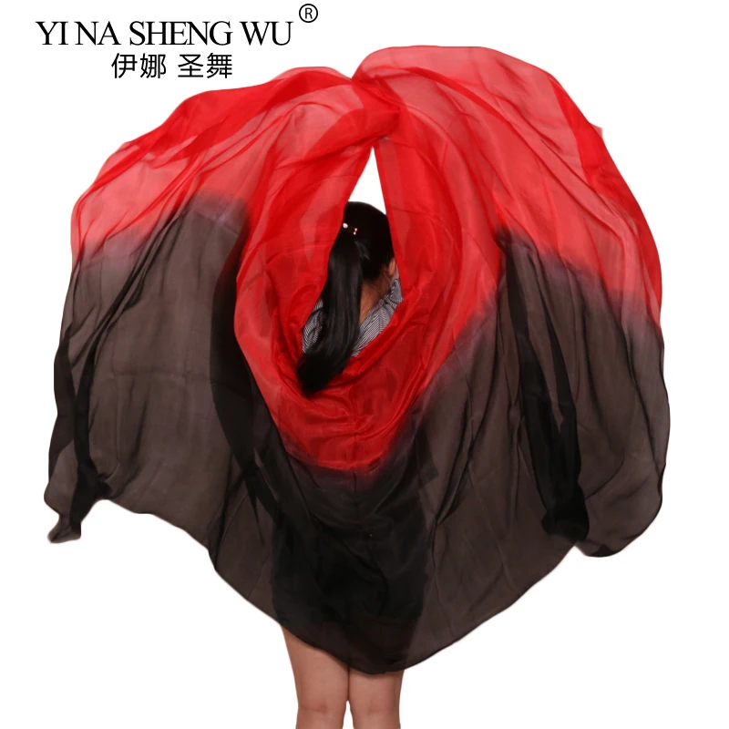 100% الحرير الحقيقي الرقص الشرقي الحجاب 250/270*114 سنتيمتر التدرج اللون أسود + أحمر اليد مصبوغ الرقص اكسسوارات الحجاب الحرير يمكن تخصيصها #3