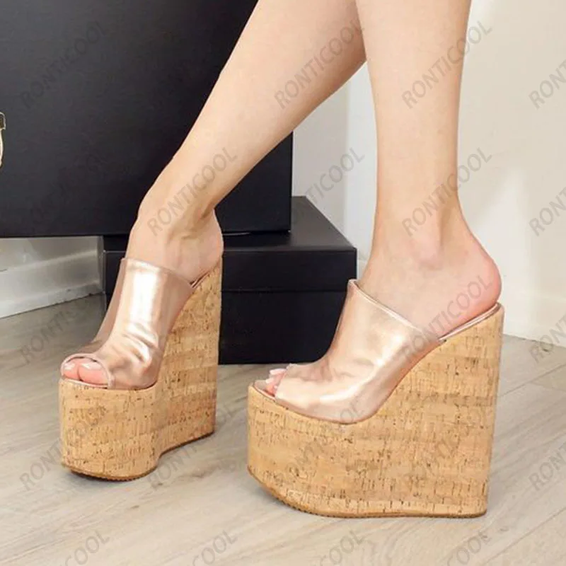 Ronticool Ręcznie robione damskie sandały na platformie Kliny Wysokie obcasy Peep Toe Pretty Gold Silver Buty damskie US Plus Size 4-15