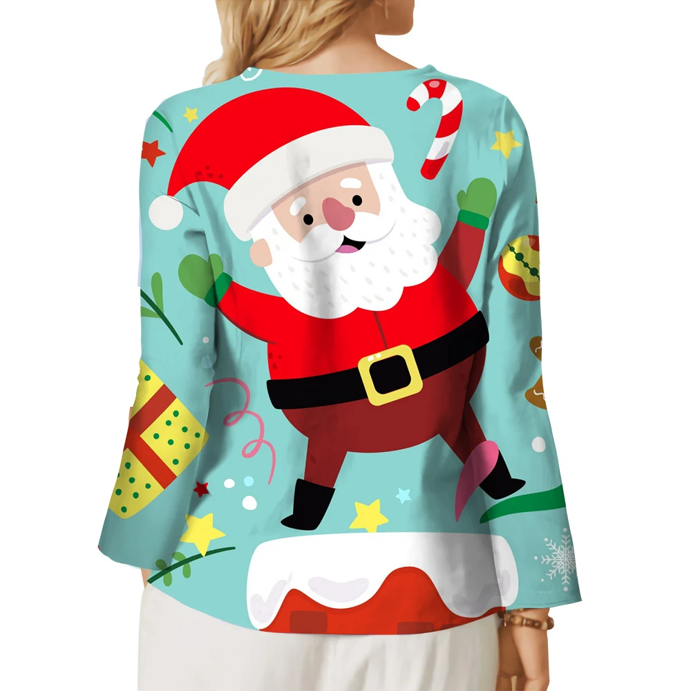 CLOOCL Women T-shirt Happy Santa Claus Graphics 3D Printed Tees Button Decorate Crew Neck Long Sleeve Tops Christmas Clothes