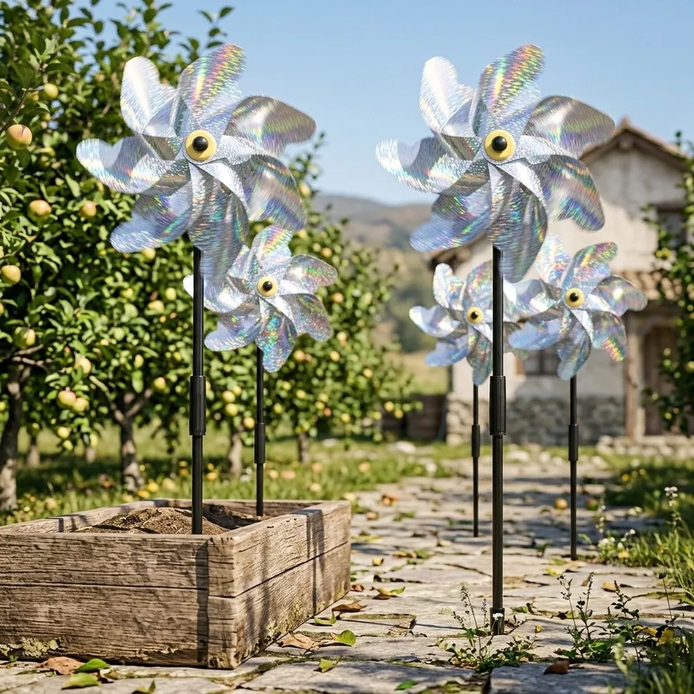 Reflective Windmill Units for Open-Area Bird Control Compatible with Soil Planters Raised Beds and Ground-Level Installations