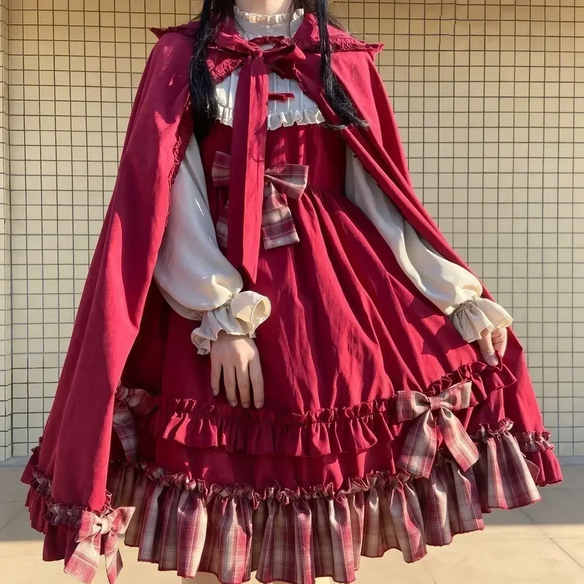 Chapeuzinho vermelho original Lolita vestido de manga comprida para meninas, OP bonito arco, ano novo, verão e outono