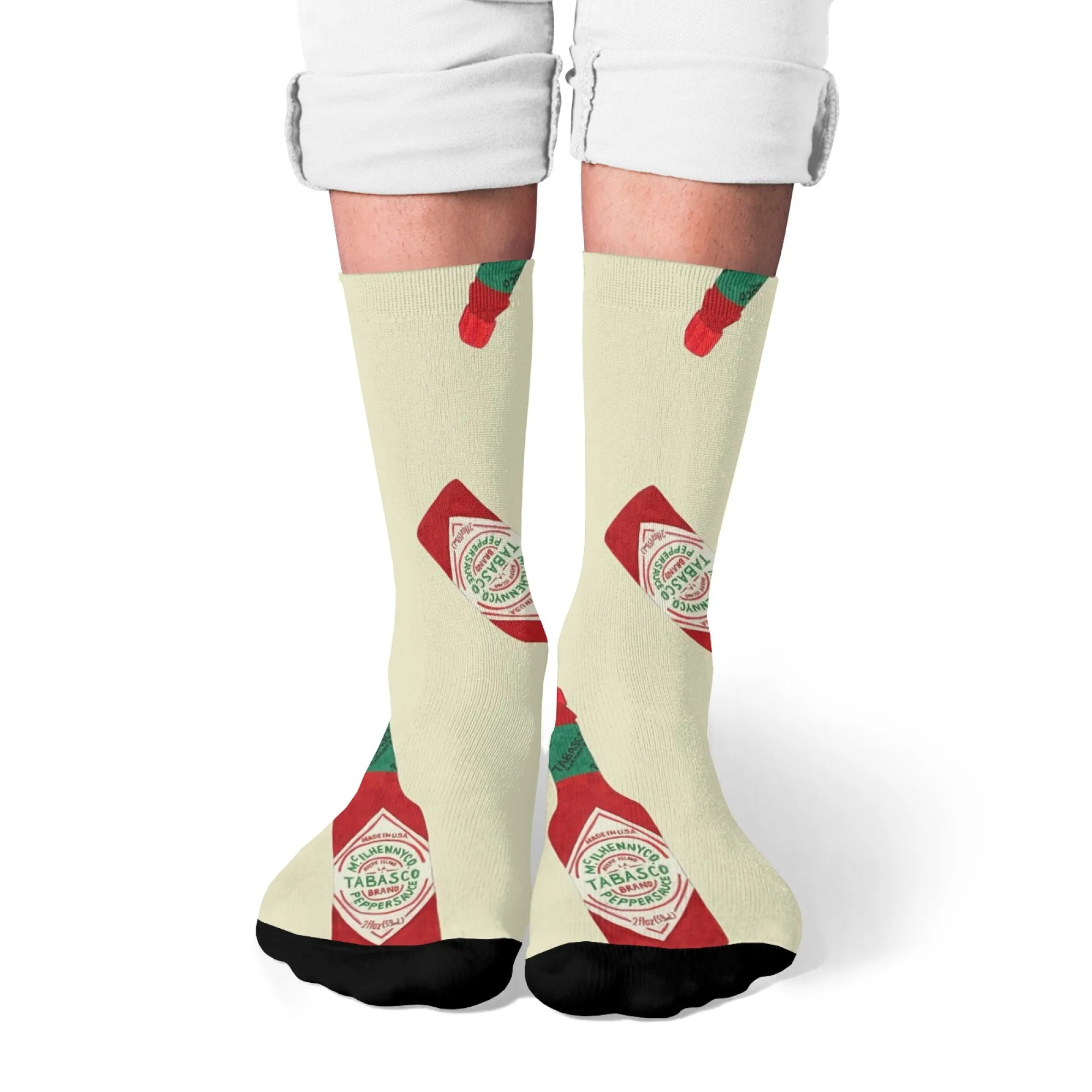 Calcetines divertidos y novedosos para hombre, calcetines con estampado de botella de salsa picante Tabasco, regalo perfecto para novio, marido, calcetines únicos de estilo especias