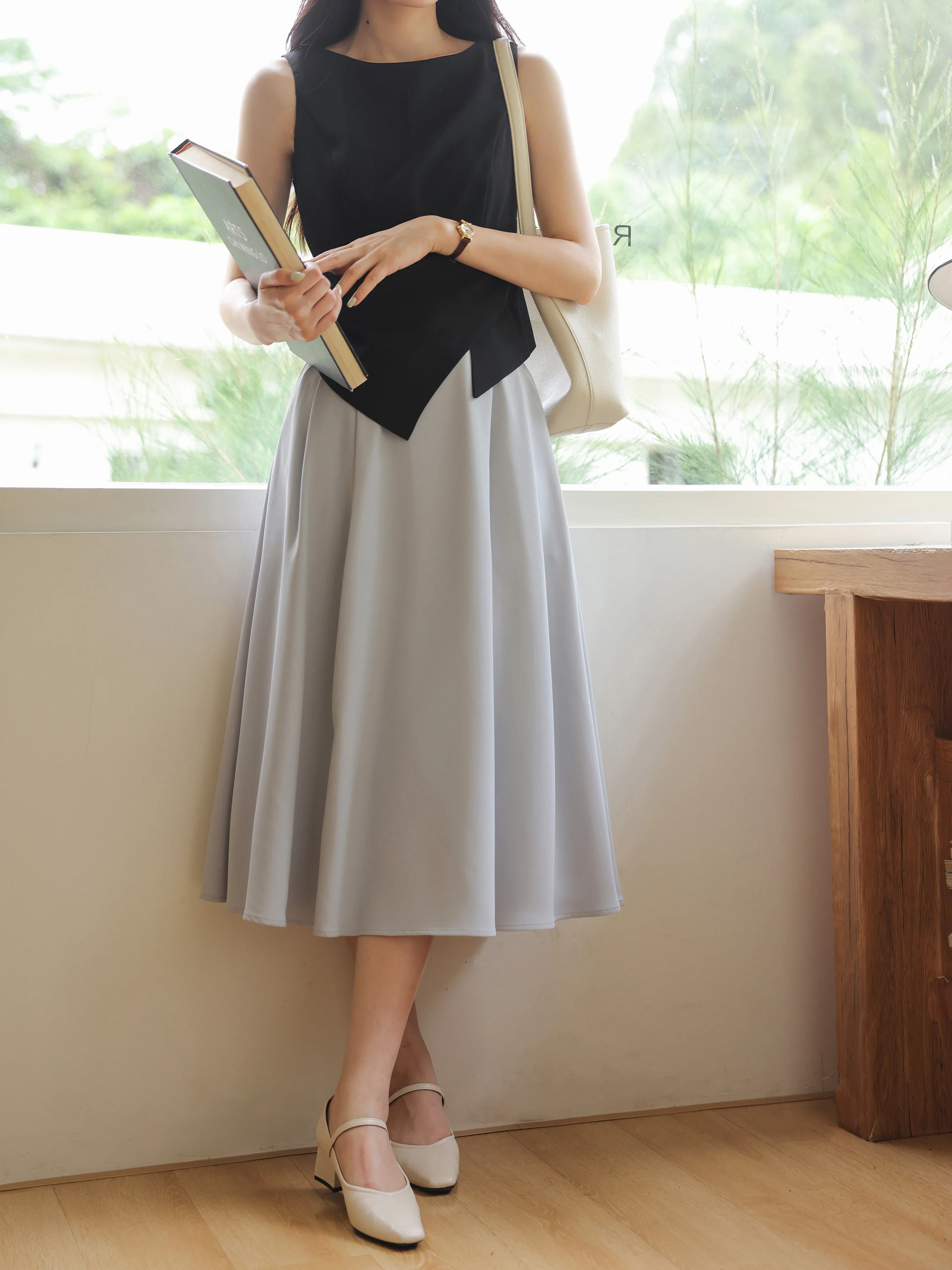High Waist Pleated A-Line Midi Skirt Women Summer Commuter Style Flowy Flared Skirt Petite Friendly Slimming Casual Office Skirt
