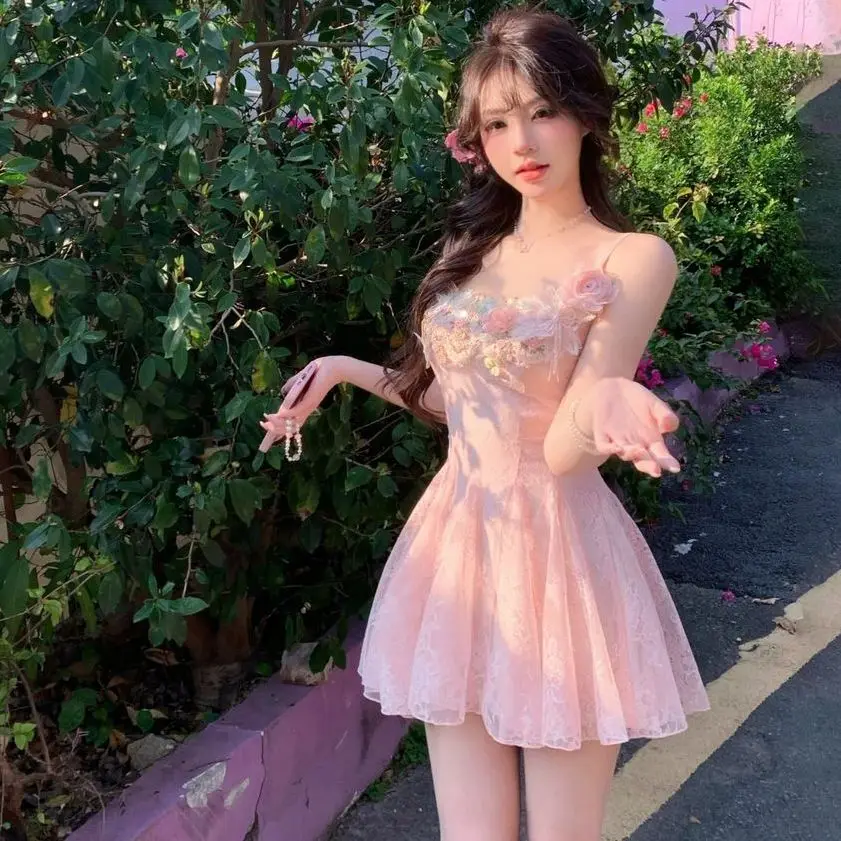 3D Flower Bra Lace Mini Dress France Sweet Fashion Pink Slip Dress Princess Party Elegant Women Dresses A-line Summer All-match