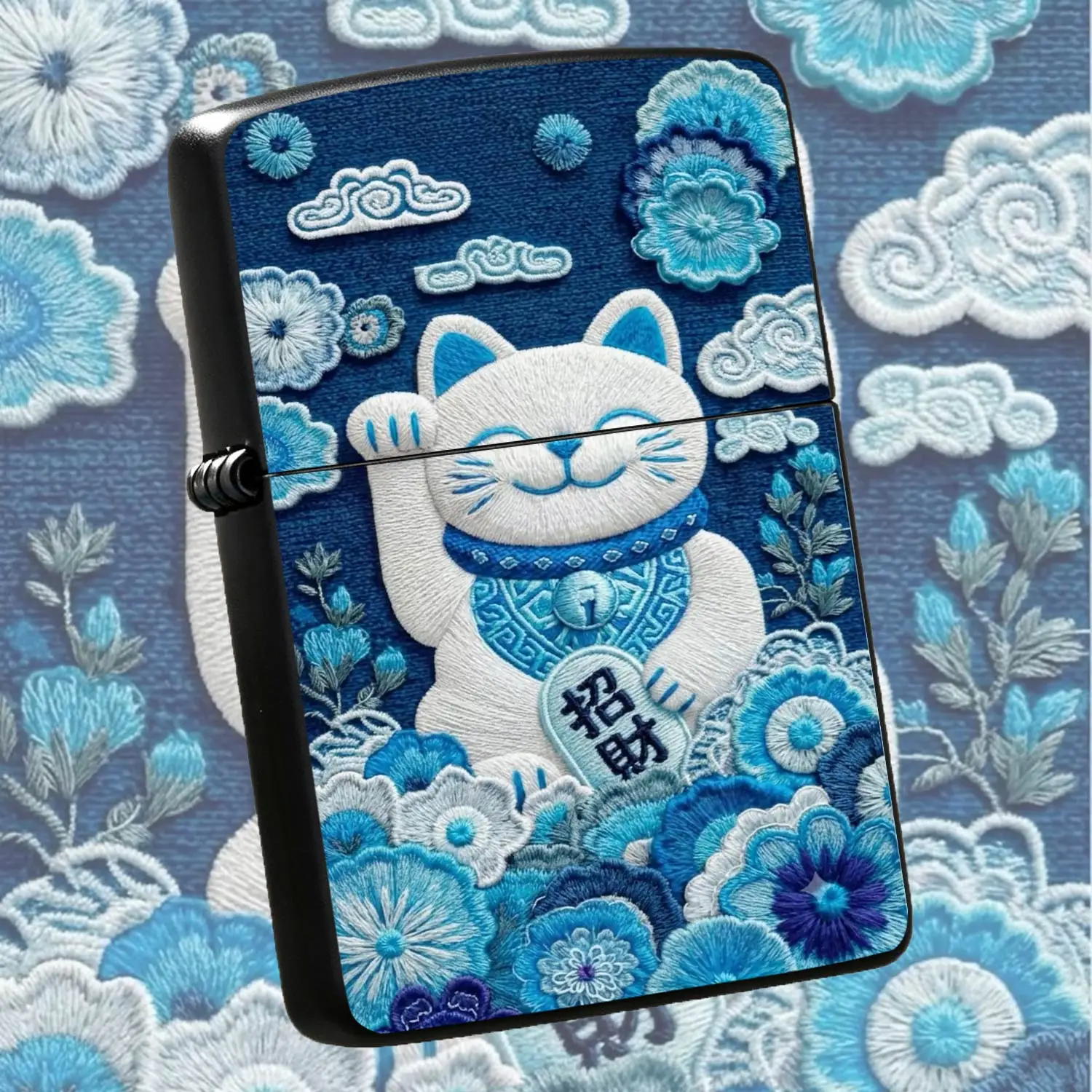 Style Blue Embroidered Lucky Cat Lighter, Exquisite Traditional Embossed Pattern Design, Portable All-scene Universal Igniter, Aesthetic Lucky Ornament, Ideal Thoughtful Gift for Festivals and Daily C A Humorous And Interesting Lighter