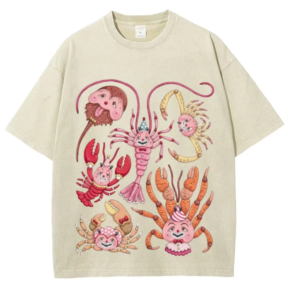 

Cartoon Lobster Graphict-Shirt Summer Men's Casual Cotton Top Hip-Hop Street Short-Sleeved Retro Y2k Style Women's Tee Oversize