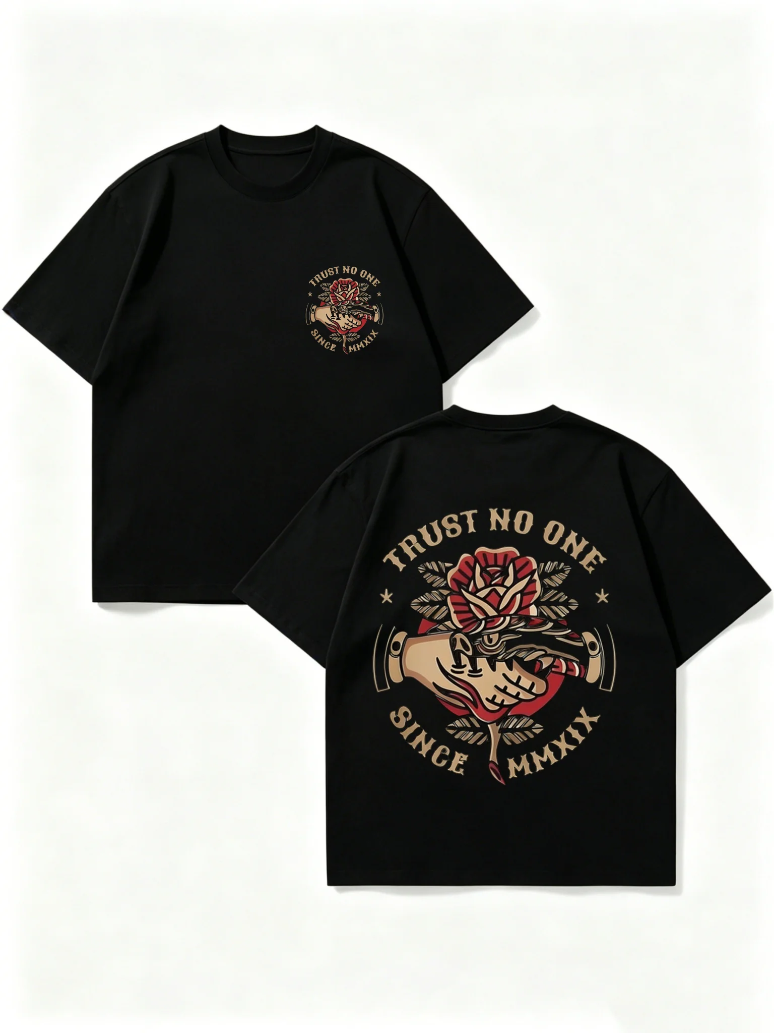 Men's Punk Rock Printed T-Shirt Trust No One Slogan with Red Rose and Axe Graphic Soft Pure Casual Avant-garde Style