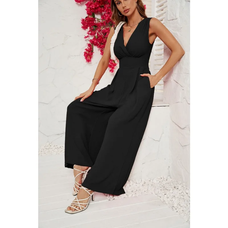 

Sleeveless Jumpsuit for Women High Waist Y2K Summer V-neck Jumpsuit Solid Color Rompers Cinched Wide Leg Pants Jumpsuit