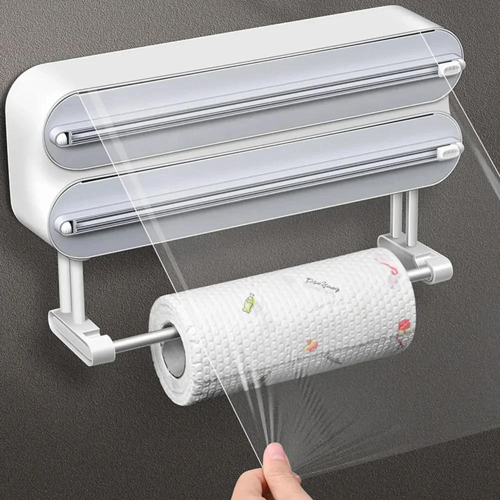 3-in-1 Plastic Wrap Dispenser - Magnetic and Self-Adhesive Cutter for Cling Film, Aluminum Foil, and Baking Paper