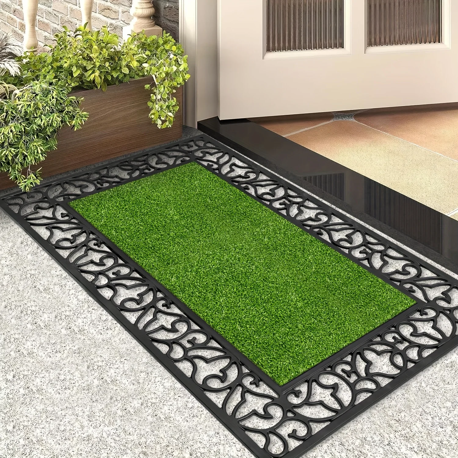 Rectangular Hollow PVC Entrance Doormat, Green Artificial Grass Surface, Efficient Mud Scraping Door Mat